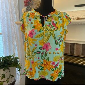 Rose & Olive Multicolor Tropical Floral Blouse Flutter Sleeves Size L